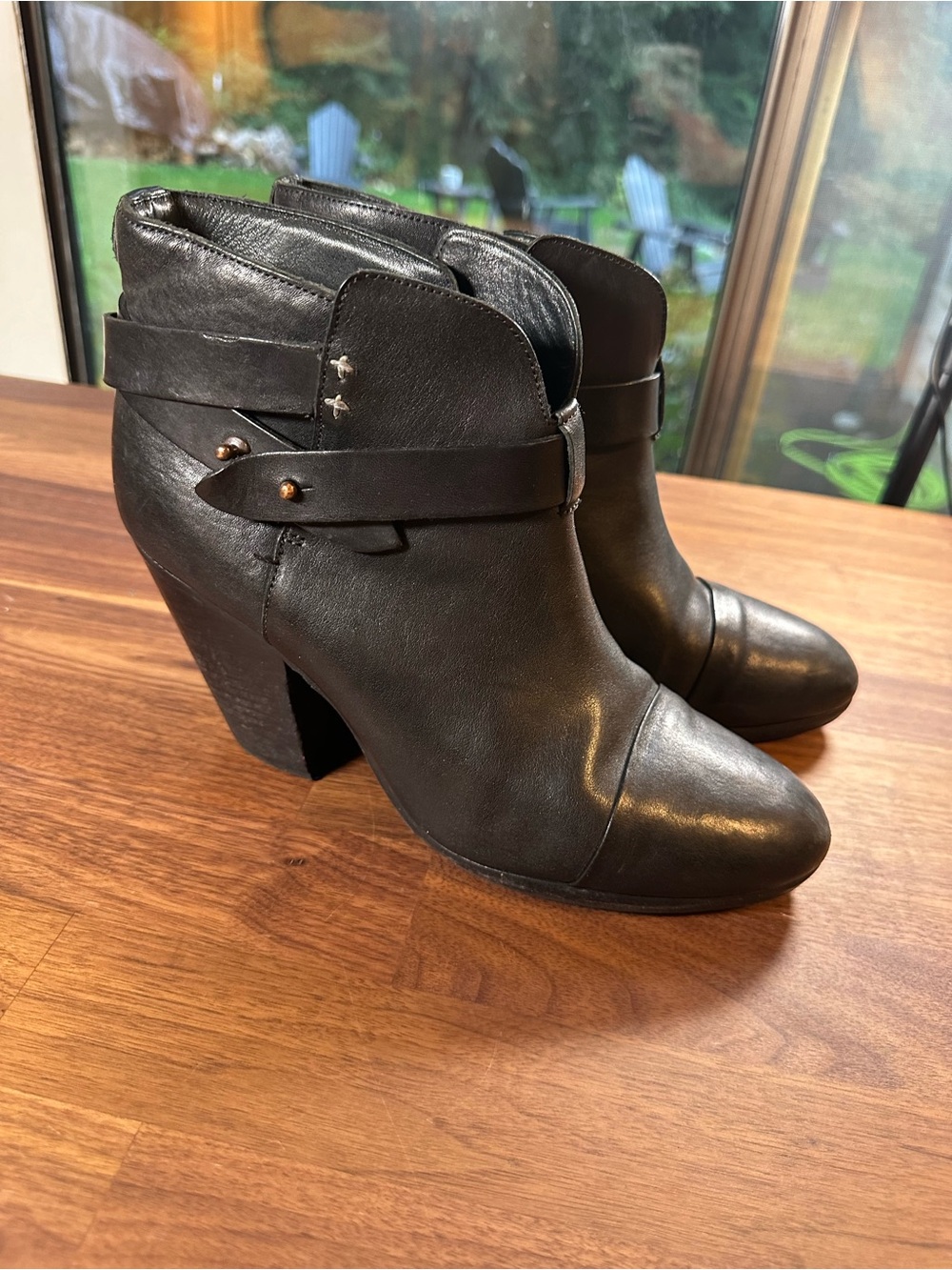 rag & bone Harrow Black Leather Ankle Boots Wrap Strap Block Heel Size 41